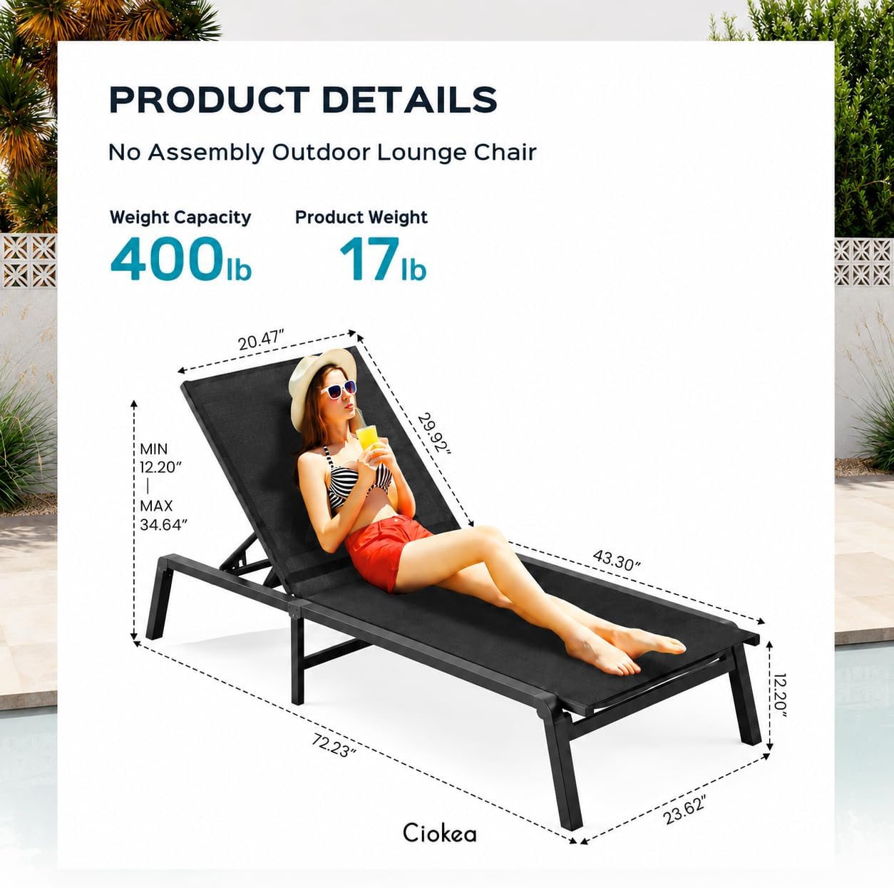 Ciokea Aluminum Chaise Lounge Ourdoor, Foldable & Assemble Free Outdoor Lounge Chair with 5 Adjustable Backrest, Patio Lounge Chair for Outside Poolside Beach Pool, Black